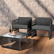 Conjunto de 2 Poltronas e Mesa de Centro Quadrada com Tampo de Vidro Santigo Conjunto de 2 Poltronas e Mesa de Centro Quadrada com Tampo de Vidro Santigo