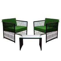 Conjunto de 2 Poltronas em Fibra Sintética e Mesa de Centro Quadrada com Tampo de Vidro Santiago