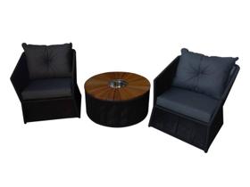 Conjunto de 2 poltronas + Mesa de centro 90' de madeira cumaru e bowl alumínio - Corda náutica + estofado karsten acquablock para áreas externas Conjunto de 2 poltronas + Mesa de centro 90' de madeira cumaru e bowl alumínio - Corda náutica + estofado karsten acquablock para áreas externas