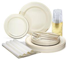 Conjunto de 200 peças OCCASIONS” (25 convidados) Conjunto pesado de pratos de plástico descartáveis para festas de casamento 25 x 10,5” + 25 x 7,5" + talheres, copos e guardanapos de papel em linho (borda marfim e ouro)
