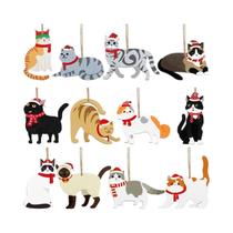 Conjunto De 24 Enfeites De Natal De Gato De Madeira Adoráveis Com Chapéus E Cachecóis Para Decoração