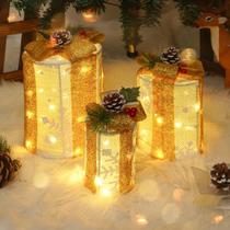Conjunto de 3 Caixas de Presente de Natal Iluminadas com 60 LEDs - Formato de Floco de Neve