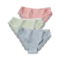 Conjunto De 3 Calcinhas De Algodão Femininas De Cintura Baixa Com Renda Em Patchwork, Lingerie Macia