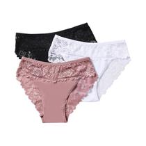 Conjunto De 3 Calcinhas De Renda De Algodão Para Mulheres Com Bordado Floral Sólido Lingerie Sexy