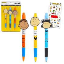 Conjunto de 3 Canetas Peanuts com Clip do Charlie Brown e Adesivos Conjunto de 3 Canetas Peanuts com Clip do Charlie Brown e Adesivos