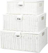 Conjunto de 3 Cestos de Armazenamento Honygebia - Cesto de Vime Branco com Tampa e Fechadura