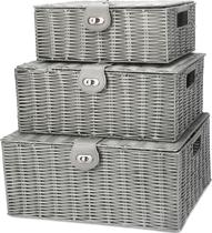 Conjunto de 3 cestos de armazenamento Honygebia Grey Wicker com tampas e fechadura Conjunto de 3 cestos de armazenamento Honygebia Grey Wicker com tampas e fechadura
