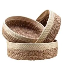 Conjunto de 3 Cestos Redondo Grande Baixo, Organizador Versátil Decorativo, Cordas Fibra Natural e Algodão, Boho Seagrass Lindos