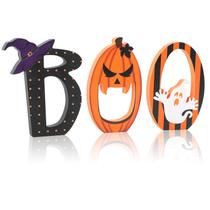 Conjunto de 3 decorações de mesa de madeira COCHIE Halloween BOO Conjunto de 3 decorações de mesa de madeira COCHIE Halloween BOO