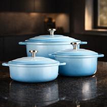 Conjunto de 3 Panelas Caçarolas LeChef Azul Antoaderente Indução