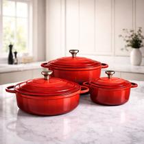 Conjunto de 3 Panelas Caçarolas LeChef Vermelho Antiaderente Indução