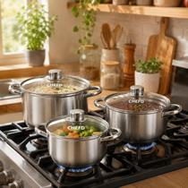 Conjunto de 3 Panelas em Aço Inox e Tampa de Vidro Com Acabamento Premium Conjunto de 3 Panelas em Aço Inox e Tampa de Vidro Com Acabamento Premium