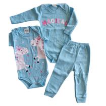 Conjunto de 3 peças 2 Body Manga Longa e Curta + Calça Feminino para Bebê Recém Nascido Infantil Criança Tamanho:MCor:A