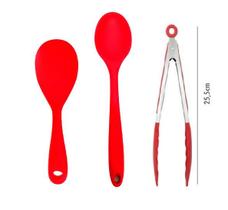 Conjunto de 3 Peças - Colher de Arroz 22,5 cm e 27 cm e Pinça Pegador 29 cm em Silicone Vermelho - UNYHOME