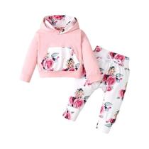 Conjunto De 3 Peças Com Estampa De Flores E Capuz Para Bebês Meninas De 0 a 18 Meses, Blusa De Manga Conjunto De 3 Peças Com Estampa De Flores E Capuz Para Bebês Meninas De 0 a 18 Meses, Blusa De Manga