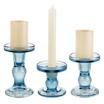 Conjunto de 3 peças de castiçal de vidro azul BTGLLAS