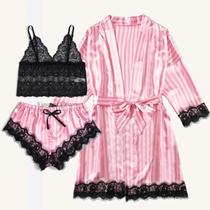 Conjunto De 3 Peças De Lingerie Em Seda Com Renda Preta, Quimono, Cinto E Robe De Banho Para Conjunto De 3 Peças De Lingerie Em Seda Com Renda Preta, Quimono, Cinto E Robe De Banho Para