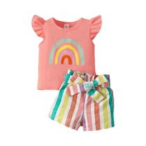 Conjunto De 3 Peças Para Bebês Meninas Com Estampa Arco-Íris 6-36M Casual Confortável Top E Shorts Conjunto De 3 Peças Para Bebês Meninas Com Estampa Arco-Íris 6-36M Casual Confortável Top E Shorts