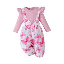 Conjunto De 3 Peças Para Bebês Meninas, Macacão Com Manga Voadora, Calça Estampada Com Alça E Faixa