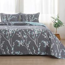 Conjunto de 3 peças Quilt Andency King Size Cinza Azul Floral