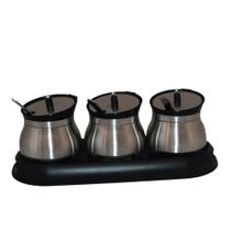 Conjunto de 3 Porta Tempero em Inox com Base Conjunto de 3 Porta Tempero em Inox com Base