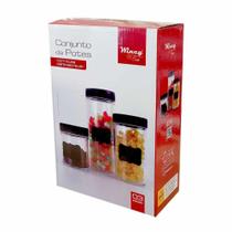 Conjunto de 3 Potes de Vidro com Adesivo Lousa e Tampa - WINCY