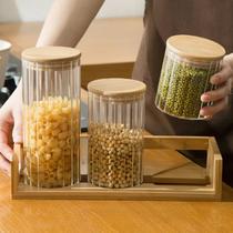 Conjunto de 3 Potes de vidro frisado com tampa de bambu Mantimento Alimento Armazenamento