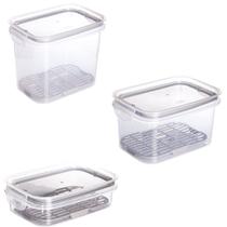 Conjunto de 3 potes hermeticos com escorredor - Cinza Conjunto de 3 potes hermeticos com escorredor - Cinza