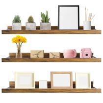 Conjunto de 3 prateleiras flutuantes para jardim de presentes rústicos de 90 cm com borda de imagem Conjunto de 3 prateleiras flutuantes para jardim de presentes rústicos de 90 cm com borda de imagem
