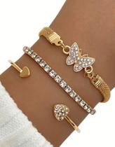 Conjunto de 3 Pulseiras Femininas Strass Borboleta e Coração Cor:Dourado