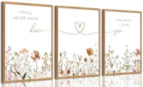 Conjunto de 3 Quadros Boho para Quarto Infantil com Flores, Pintura Botânica e Frases, Decoração de Parede com Flores Silvestres para Quarto de Bebê, Sala e Quarto