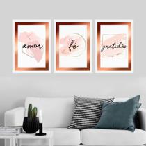 Conjunto De 3 Quadros Decorativos Amor, Fé e Gratidão Rosê Com Moldura