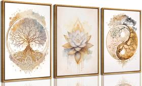 Conjunto de 3 Quadros em Tela com Moldura de Madeira Árvore da Vida, Pintura Zen Lótus Dourada, Arte Abstrata Yin Yang, Decoração de Parede para Sala de Estar, Sala de Yoga, Quarto de Hotel