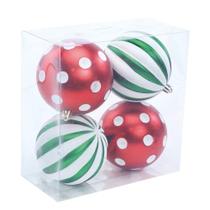 Conjunto de 4 Bolas Listradas Poá Vermelhas Verdes e Brancas de 10cm para Enfeitar o Natal