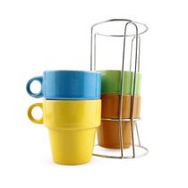 Conjunto de 4 Canecas de Cerâmica e Suporte de Inox Café Chá 210ml