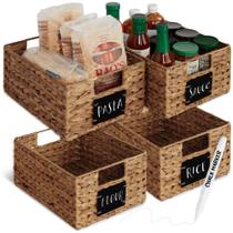 Conjunto de 4 Cestos de Junco d'água para Despensa 23x30 cm, Organizadores Trançados com Etiqueta de Quadro Negro e Marcador - Castanho Conjunto de 4 Cestos de Junco d'água para Despensa 23x30 cm, Organizadores Trançados com Etiqueta de Quadro Negro e Marcador - Castanho