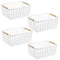 Conjunto de 4 Cestos LeleCAT de Arame Branco com Alças de Madeira 28x22x12 cm