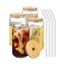 Conjunto De 4 Copos De Vidro Em Formato De Lata De 473ml Com Tampas E Canudos Para Refrigerante, Chá