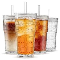 Conjunto de 4 Copos de Vidro INSETLAN 600ml com Tampa e Canudo