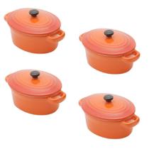 Conjunto de 4 mini panelas Laranja ovais de porcelana, com tampa - 15cm