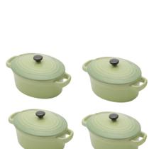 Conjunto de 4 mini panelas verdes ovais de porcelana, com tampa - 15cm