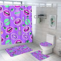 Conjunto de 4 peças de banheiro: cortina de chuveiro impermeável Pop Art Purple