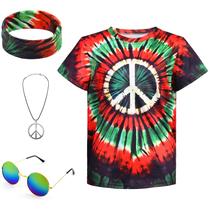Conjunto de 4 peças de camiseta tie-dye Costume XonyIcos 70s Hippie para crianças Conjunto de 4 peças de camiseta tie-dye Costume XonyIcos 70s Hippie para crianças