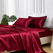 Conjunto de 4 peças de lençóis de cetim MR&HM King Size Burgundy Conjunto de 4 peças de lençóis de cetim MR&HM King Size Burgundy