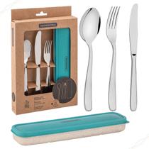 Conjunto de 4 Talheres Peças C/ Estojo Aço Inox Marmita Cozinha Utensílio Faqueiro Comida - Tramontina