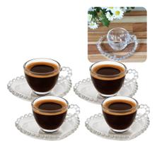 Conjunto de 4 Xícaras com Pires Cristal Coração Pearl 85ml Luxo Requinte Wolff