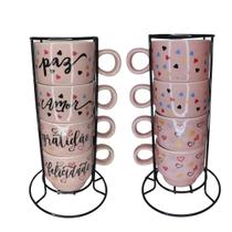 conjunto de 4 xícaras de Porcelana com suporte metal!Encante seus dias com um toque de charme e inspiração - cerâmica