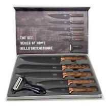 Conjunto de 5 facas, cabo de madeira e conjunto de descascador, cor de facas, preto/madeira - toys