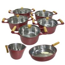 Conjunto De 5 Panelas Alumínio Fundido Craquelado Tampa De Vidro Com Frigideira E Canecão