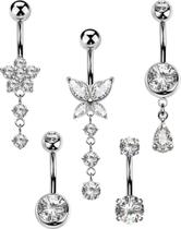 Conjunto de 5 Piercings para Umbigo MS CUTE Prata 14G com Zircônia Cúbica Conjunto de 5 Piercings para Umbigo MS CUTE Prata 14G com Zircônia Cúbica